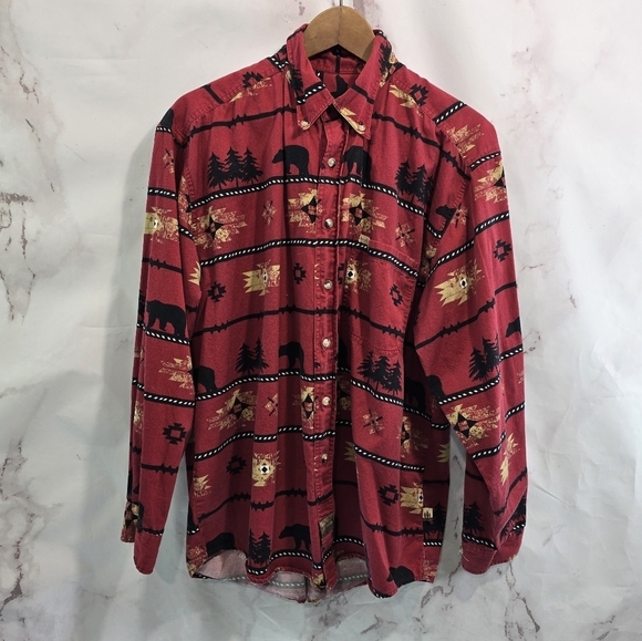 Outdoor Life Shirt Mens Large Red Camp Bear Tree Southwestern Aztec Button Down - Picture 1 of 9